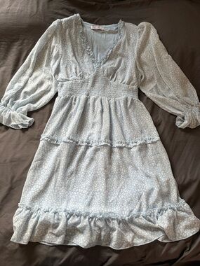Light Blue Floral Long Sleeve Dress - Casual Ruffle Hem